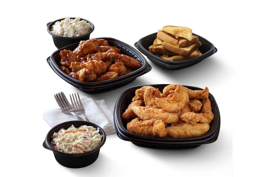 Tailgate Pack · 12 Tenders, 10 Wings, 2 Large Sides (Choose Mac & Cheese, Coleslaw, Ranch Chips or Potato Salad), 10 sauces and 6 Texas Toast slices.