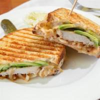 Chicken Avocado Panini · Chicken breast, tomatoes, grilled onion, Pepper Jack cheese, and chipotle mayo.