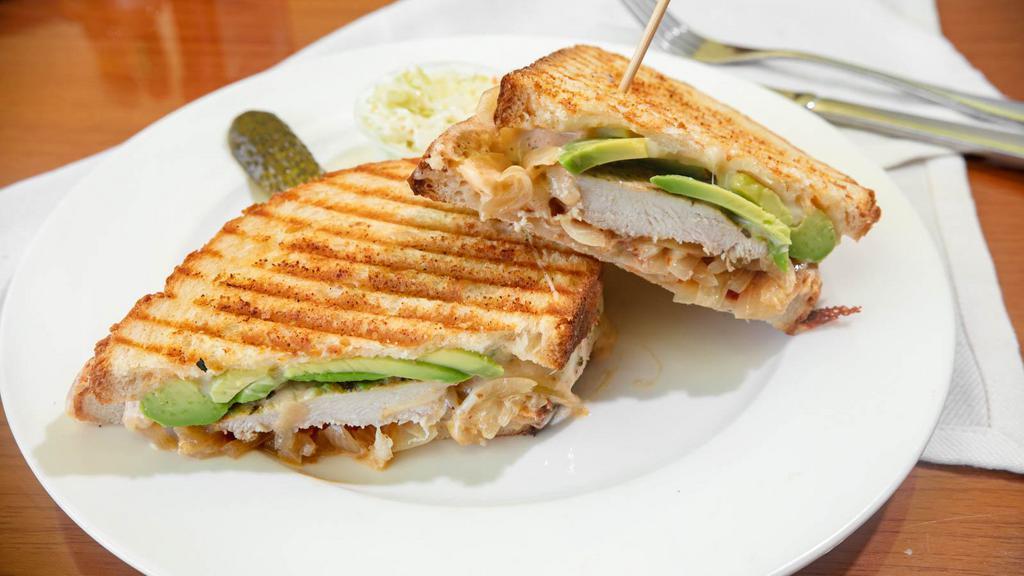 Chicken Avocado Panini · Chicken breast, tomatoes, grilled onion, Pepper Jack cheese, and chipotle mayo.