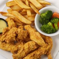 Chicken Finger Dinner · Tender strips of chicken breast, breaded, deep fried and served with coleslaw and honey must...