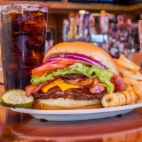 Big Bob'S Bbq Burger · Half-pound burger topped with bacon andRoosters Honey BBQ Sauce.