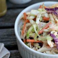 Coleslaw · Coleslaw, is finely shredded raw cabbage with a salad dressing and mayonnaise.