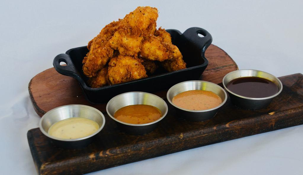 Smoked Chicken Nuggets · Country-fried smoked chicken bites; spicy tiger BBQ, barbecue ranch, 'bama white BBQ, carolina gold