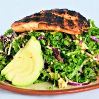 Wood Grilled Salmon · Hot-smoked salmon, avocado, kale, quinoa, red cabbage, broccoli, pickled red onion, Fuji app...