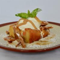 Peach Bread Pudding · caramelized peaches, brown butter caramel, almond brittle