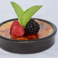 Burnt Pudding · Butterscotch custard, fresh blackberries.
