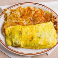 House Omelette · Four eggs, bacon, ham, sausage, and cheese.
