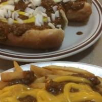 Coney Dog · Our famous hot dog topped with hearty chili, mustard and onions.