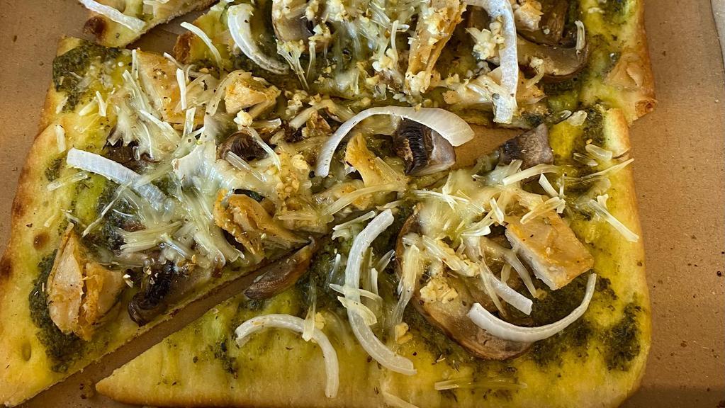 Taste Of Nyc · Chik'n, garlic, mushrooms, white onions, oregano, basil seasoning on house pesto sauce topped with mozzarella cheese.