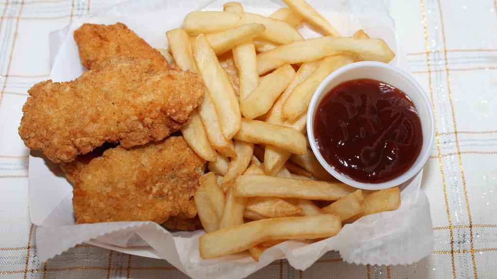 Chicken Nuggets & Fries · Chicken Tenders and fries served with sauce (optional).