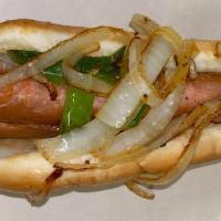 Vegan Hot Dog  · Bun,beyond brat sausage, grilled onion, bell pepper, ketchup and mustard.