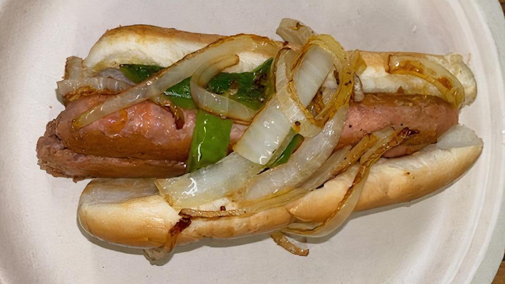Vegan Hot Dog  · Bun,beyond brat sausage, grilled onion, bell pepper, ketchup and mustard.