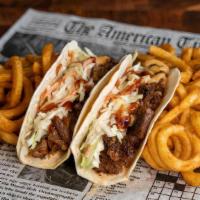 The Beefdano Tacos (2) · Brisket Burnt Ends, Carolina Reaper Cheese, BBQ Sauce, Chipotle Ranch, Coleslaw, on Grilled ...