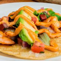 Shrimp Tako · Seasoned shrimp topped with chipotle mayo, pico de gallo, spring mix, and avocado.