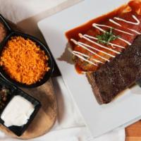 Carne & Chile Relleno · One cheese stuffed bell pepper topped with tomato sauce, sour cream, and cilantro with premi...