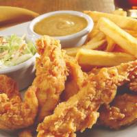 Our Signature Chicken Tenders · Hand-breaded and served with our Homestyle French fries, kicked-up coleslaw and smoky honey ...
