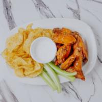 Wings + Sides · one pound of wings with choice of wing sauce, choice of two side, celery, ranch or bleu chee...