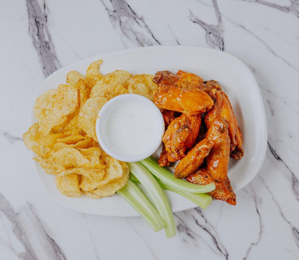 Wings + Sides · one pound of wings with choice of wing sauce, choice of two side, celery, ranch or bleu cheese dressing