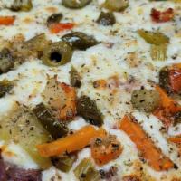 Hot Italian Beef Pizza · Our homemade pizza sauce topped with our homemade Italian beef, fresh mozzarella. spicy gard...