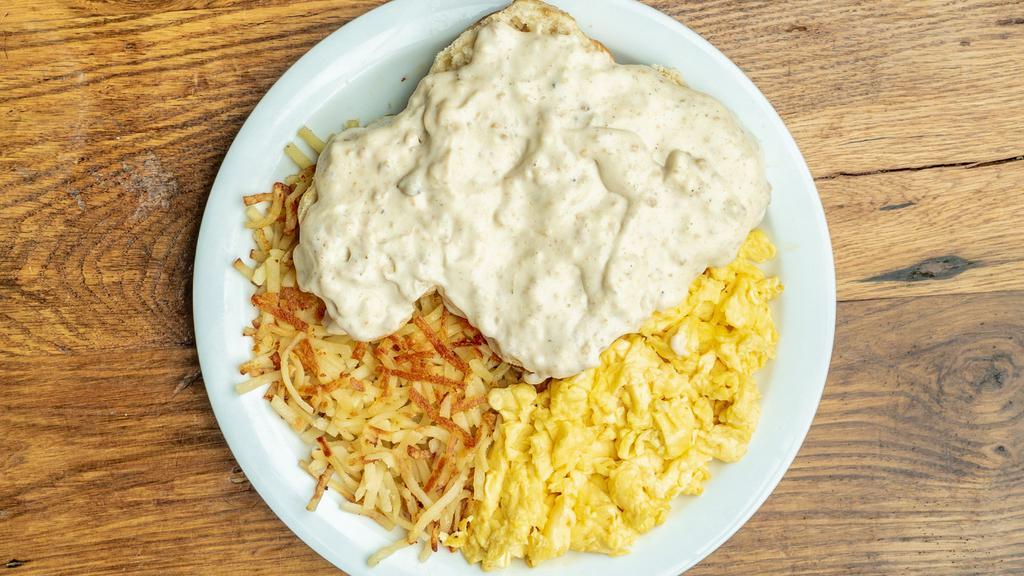 Barnyard Buster · Two biscuits, two eggs, country fries, all on one plate covered with our country sausage gravy. Consuming raw or undercooked meats, poultry, seafood or eggs may pose an increased risk of food borne illness.