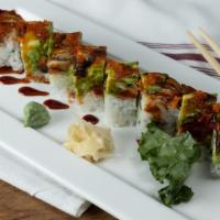 Dragon Roll · Crabmeat, cucumber topped with eel, avocado, eel sauce.