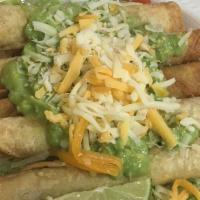 16# Rolled Tacos Combo (5 Pieces) · 5 shredded beef rolled tacos with guacamole and cheese on top with lettuce and Pico de Gallo...