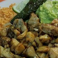  15# Pollo Asado Combo · Chicken protein with lettuce, guac, and Pico de Gallo on the side with your choice of tortil...