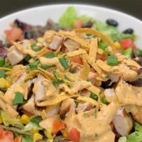 The Southwest Chicken Salad · Romaine lettuce, spring mix, tomatoes, green
onions, tortilla strips, diced chicken breast,
...