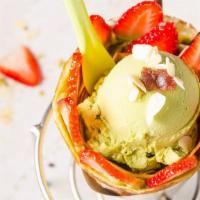 Match Azuki Bean Crêpe · Sliced strawberries, red bean, matcha custard cream, whipped yogurt, matcha ice cream (gelat...