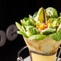 Vegetarian Lover Crêpe · Baby spinach, julienne carrots, shelled edamame (soybeans), tofu rectangles, cucumbers, stri...