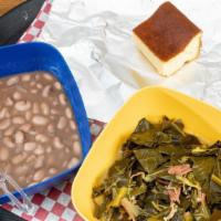 Beans & Cornbread · Slow-cooked brown beans with mouthwatering cornbread, and a side of collard greens (includes...