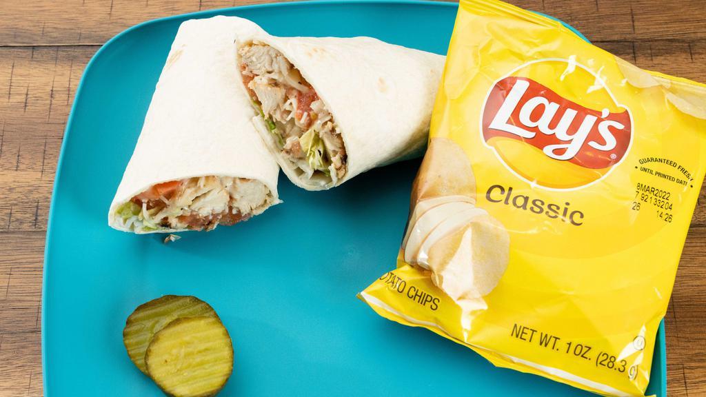 Chicken Wrap · Tender chicken, lettuce, diced tomatoes, and parmesan cheese wrapped in a tortilla - served with chips on the side.