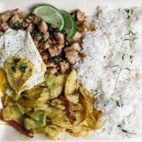 Thai Basil Chicken · Sweet and spicy marinated chicken with fresh locally grown herbs sticky rice and fried egg. ...