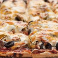 Taste Of Mexico  · Ground Beef, Onions, Tomatoes, Black Olives, Jalapeños, Mozzarella and Cheddar Cheeses.