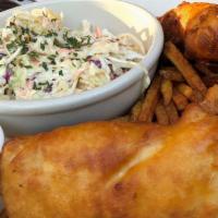 Fish And Chips · Two hand battered Cod filets served with hand cut fries, Tartar Sauce, and Cole Slaw