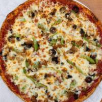 Bellcino'S Pride Pizza · Pepperoni, ham, sausage, mushrooms, green peppers, onions, black olives and mozzarella cheese.