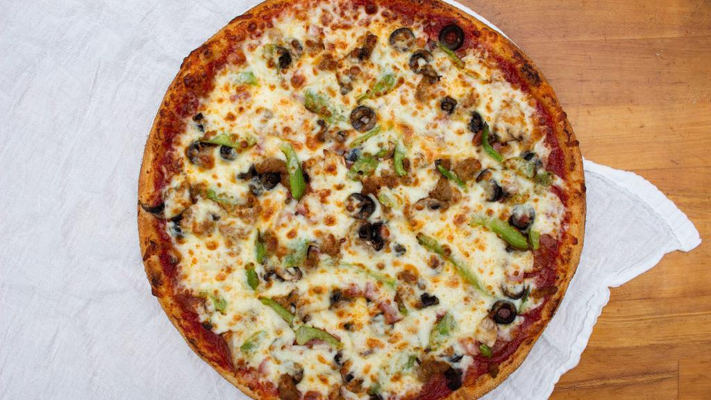 Bellcino'S Pride Pizza · Pepperoni, ham, sausage, mushrooms, green peppers, onions, black olives and mozzarella cheese.