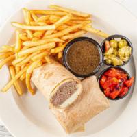 Italian Beef · Italian beef, roasted sweet peppers, giardiniera, au jus, French bread. All sandwiches are s...