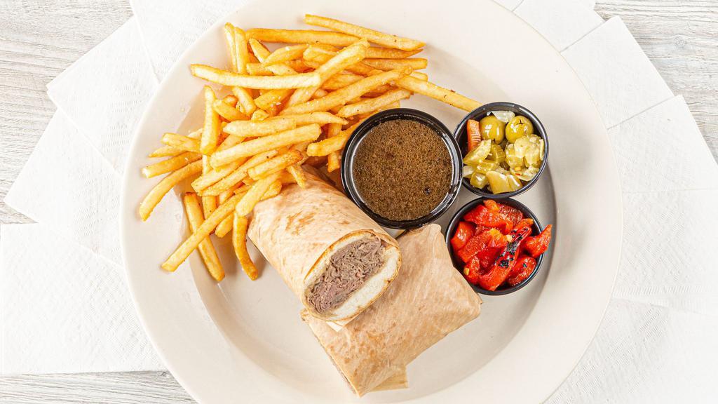 Italian Beef · Italian beef, roasted sweet peppers, giardiniera, au jus, French bread. All sandwiches are served with choice of chips, fries, side salad, or side caesar salad.
