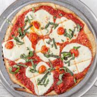 Margherita Pizza · Olive oil base, fresh mozzarella, cherry tomatoes, basil.