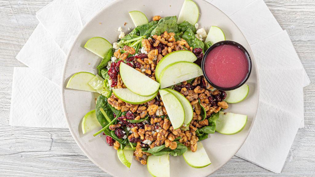 Harvest Salad · Spinach, romaine, dried cranberries, candied walnuts, crumbled blue cheese, green apple, raspberry vinaigrette.