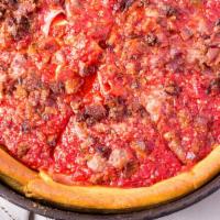 Meaty Legend Pizza · Pepperoni, Italian sausage, Canadian bacon, bacon.