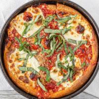 Spinach Margherita Pizza · Spinach, cherry tomatoes, fresh mozzarella, basil.