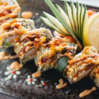 Delicious Roll* · Crab, cream cheese, avocado, cucumber, spicy tuna inside. Deep-fried and topped with spicy m...