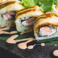 Tiger Eye Roll* · Smoked salmon, cream cheese, shrimp, jalapeno, rolled in soybean paper tempura-battered deep...