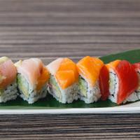 Rainbow Roll* · California roll topped with tuna, avocado, salmon, and shrimp.