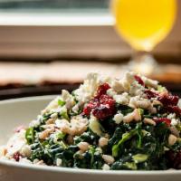 Farro & Brussels · Shaved brussels sprouts, kale, farro, dried cranberries, feta cheese, roasted almonds, whole...