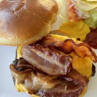 Bacon Cheeseburger · 1/3 pound flame-grilled, served with American cheese, bacon, and topped with ketchup, mustar...