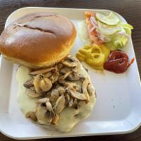 Provolone Mushroom Burger · 1/3 pound grilled burger with provolone cheese, mushrooms, ketchup, mustard, tomatoes, onion...