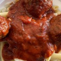 Hearty Homemade Mostaccioli With 3 Meatballs · Our mostaccioli is cooked al-dente and covered with our homemade meat marinara sauce and top...